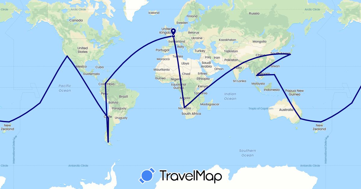 TravelMap itinerary: driving in Australia, Belgium, Chile, Colombia, France, Japan, Namibia, Nepal, New Zealand, Philippines, Thailand, Tanzania, United States (Africa, Asia, Europe, North America, Oceania, South America)